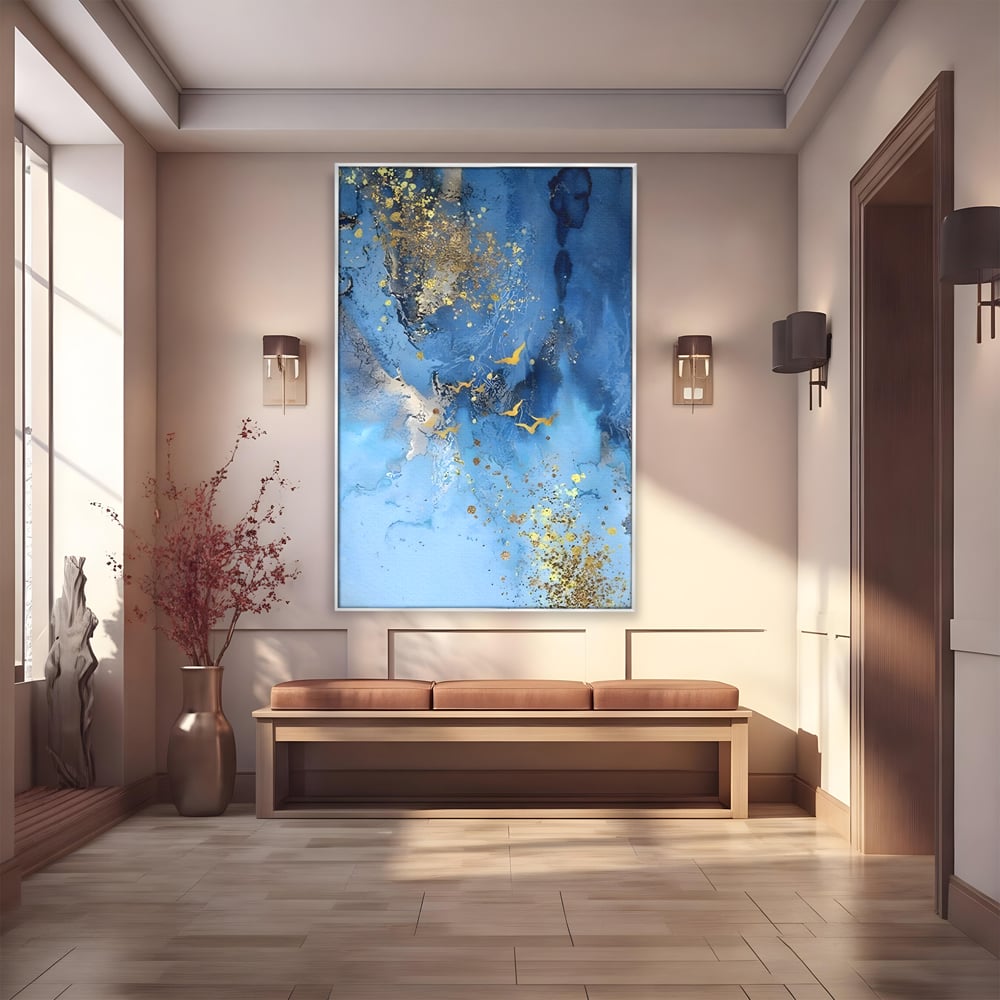 Tablou canvas cu tablou abstract cu pasari aurii, in rama de aluminiu argintiu